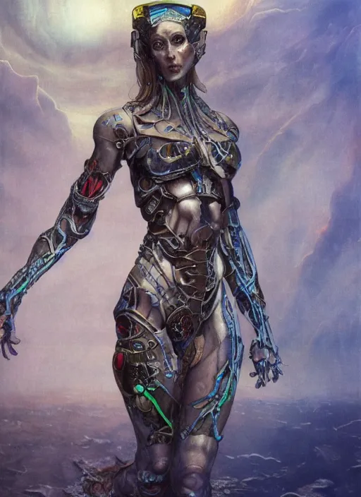 Image similar to biblical daemonic bautiful cyborg girl with glowing veins, shoulder pads, on planet jupiter, underwater photography, by gerald brom, by mikhail vrubel, by peter elson, muted colors, extreme detail, trending on artstation, 8 k