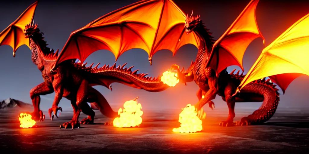 Prompt: all the elemental dragons meeting each other, photorealistic 3 d render, unreal engine, ultra detailed