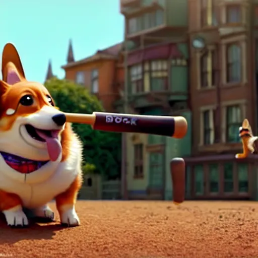 Image similar to weta disney pixar movie still photo of funny corgi with baseball bat : : dog by pixar : : giant sign that says bonk : : by weta, greg rutkowski, wlop, ilya kuvshinov, rossdraws, artgerm, octane render, iridescent, bright morning, anime, liosh, mucha : :