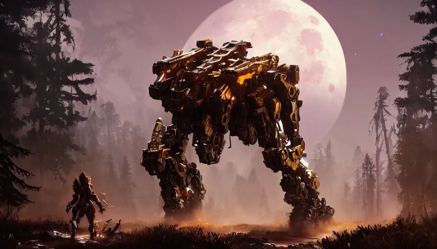 Image similar to large walking mech covered in gold and silver armor, horizon zero dawn aesthetic, beautiful moon lit night, many glowing lights, beautiful forests and trees, intricate detail, epic wallpaper, art by darek zabrocki and John Park and Feng Zhu and Jason Chan, trending on artstation, masterpiece.