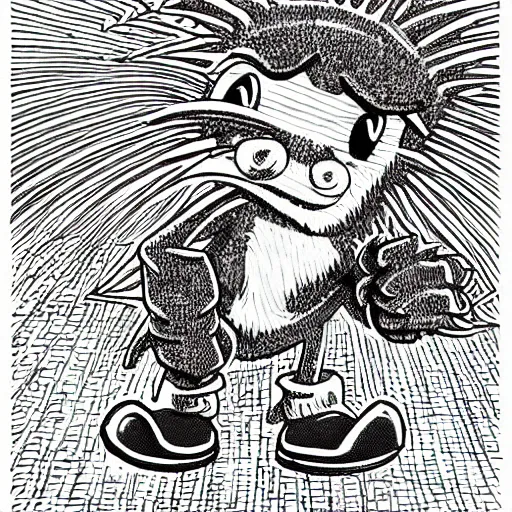 Image similar to low angle shot of Sonic the Hedghehog, ink drawing by Robert Crumb, intricate, elegant, highly detailed, centered, digital painting, artstation, concept art, smooth