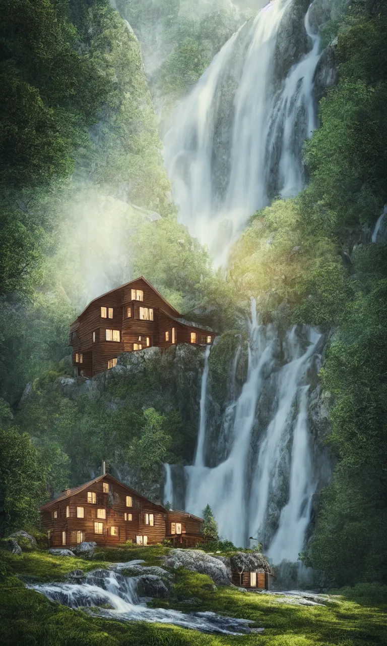 Image similar to beautiful large scandinavian house in the forest on a hill, a large waterfall flows down from the mountain in the background, vector art, fabulous, random cinematic view, no noise, global illumination, warm lighting, volumetric, by jordan grimmer