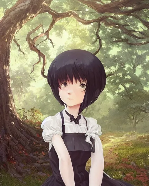 Image similar to a victorian maid with black bob hairstyle sitting under a tree. in a forest. detailed face. coherent. by makoto shinkai, stanley artgerm lau, wlop, rossdraws, james jean, andrei riabovitchev, marc simonetti, krenz cushart, sakimichan, trending on artstation, digital art.