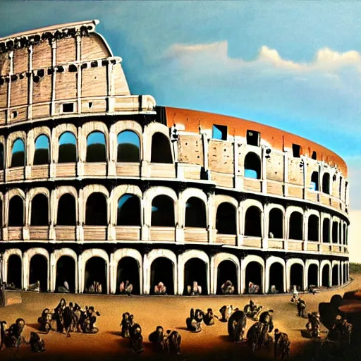 Image similar to exterior view of modern futuristic roman colosseum architecture, view overlooking the city, detailed luminescent oil painting 4 k
