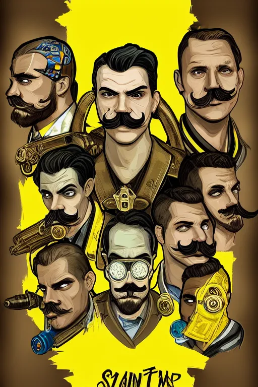 Image similar to saints street gang wear yellow bandanas, and some of them have thick mustaches, full body portrait, artgrem, illustration, concept art, pop art style, dynamic comparison, fantasy, bioshock art style, gta chinatowon art style, hyper realistic, face and body features, without duplication noise, hyperdetails, differentiation, sharp focus, intricate