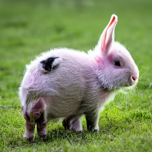 Prompt: a beautiful photograph of a bunnypiglet standing on grass