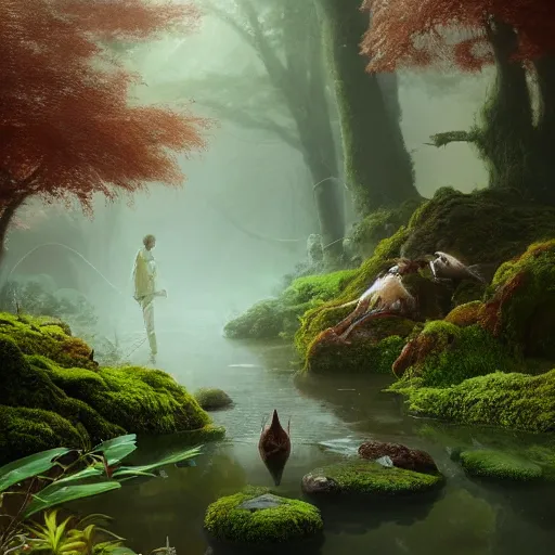 Image similar to soft painting render curiosities alien pond vegetation rocks, beautiful action shot fox covered moss scintillating, accurate features, focus, very intricate ultrafine details, random volumetric lighting, dense fog, award winning masterpiece, octane render 8 k hd, artstation, tom bagshaw