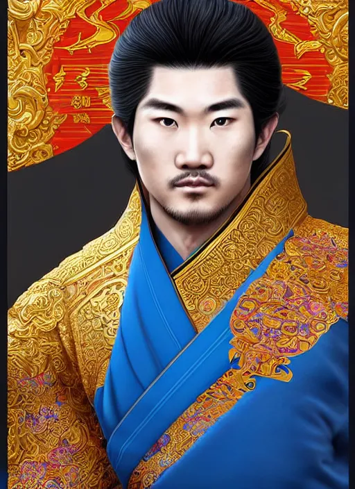 Prompt: male martial artist with a manchu hairstyle!!!! asian facial features and blue eyes!! intricate ornate blue robes!! character concept art, sharp focus, octane render! unreal engine 5! highly rendered!! trending on artstation!! detailed linework!! illustration by artgerm, wlop, and chie yoshii