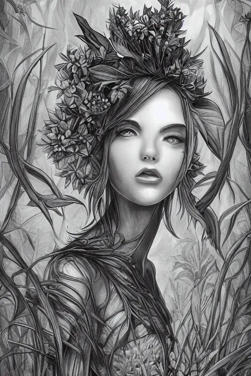 Prompt: book cover | plant fairy | digital painting | highly detailed | ultra realistic | dark fantasy | vivid colors | cinematic atmosphere | hyper detailed | black and white | strong lines