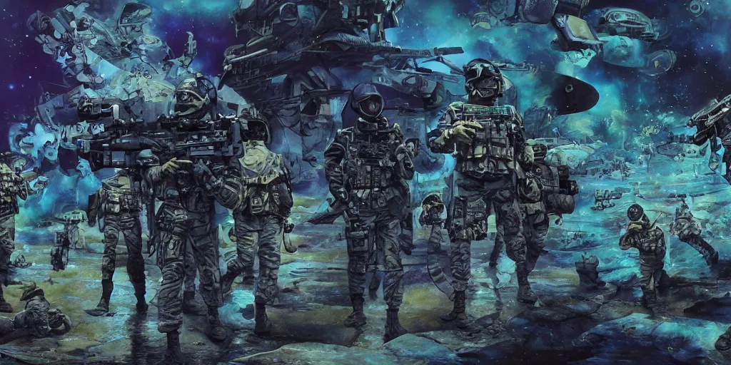 Prompt: photo wide shot military sci fi muppet special forces soldiers,inks,octane render photorealistic, blue,gold,white,black octane render, insanely detailed, realistic, + psychedelic, cosmic energy by Kelly McKernan, yoshitaka Amano, hiroshi yoshida, moebius, loish, artgerm, happy,joyful, painterly, symmetrical and detailed hyperdetailed 8k, moebius,steven wiltshire, , hyper detailed,high contrast,vivid psychedelic colors,, Neon Genesis Evangelion, mathematics and geometry, loony toons, saturated, sun rays + Laurie Greasley + Katsuhiro Otomo, Craig Mullins, 8k, octane render, trending on artstation, hyper detailed,