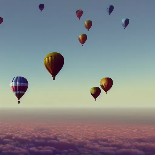 Image similar to people flying balloons into an abyss in the sky, with clear skies and good weather, realistic, cinematic