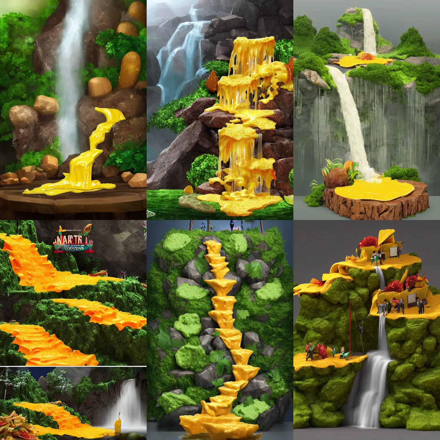 Prompt: a waterfall made out of nacho cheese, tacos and guacamole, trending on artstation, CGSociety