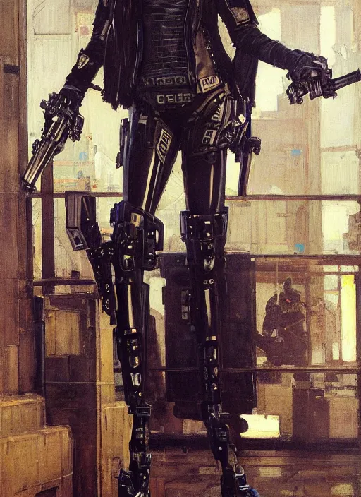 Prompt: Sgt Eliza Grim. Menacing Cyberpunk policewoman towering with robotic stilt legs and combat vest. (dystopian, police state, Cyberpunk 2077, bladerunner 2049). Iranian orientalist portrait by john william waterhouse and Edwin Longsden Long and Theodore Ralli and Nasreddine Dinet, oil on canvas. Cinematic, vivid colors, hyper realism, realistic proportions, dramatic lighting, high detail 4k