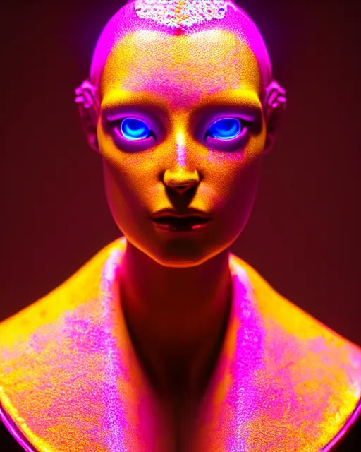 Image similar to hyperrealist highly intricate neo-gothic bust pink iridescent exoskeleton beautiful goddess concept art pascal blanche key sage dramatic yellow lighting 8k high angle shallow depth of field