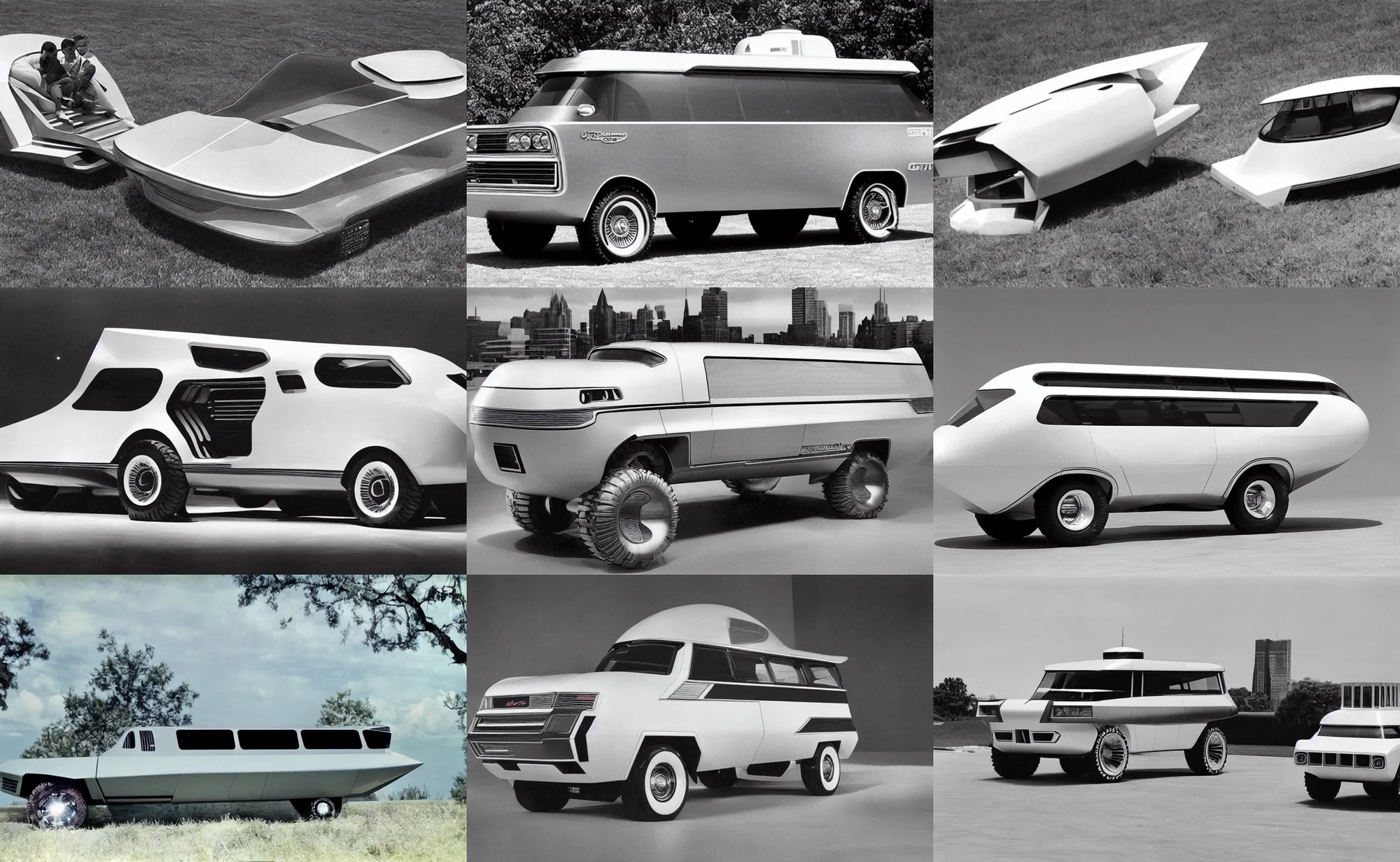 Prompt: retrofuturistic gm oldsmobile space offroad van of the future inspired by streamlined spaceship design, designed by Gordon Buehrig, 1960s american world's fair, press photograph