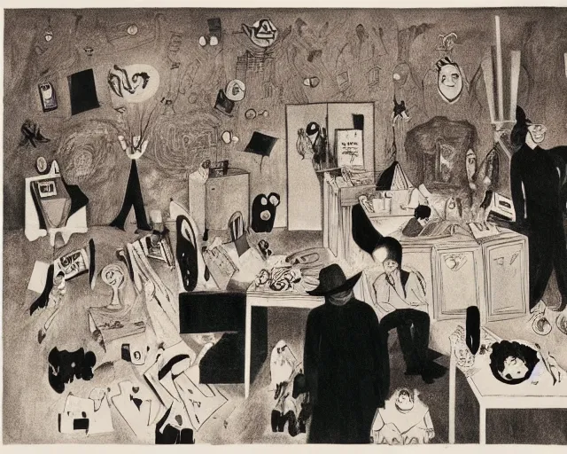 Image similar to the horror of beaurocracy, papers, horror, desks, office, waiting, stress, frustration, anger, crowded, harsh cinematic lighting, high qulity, 4 k, by charles addams and hilma af klint and affandi