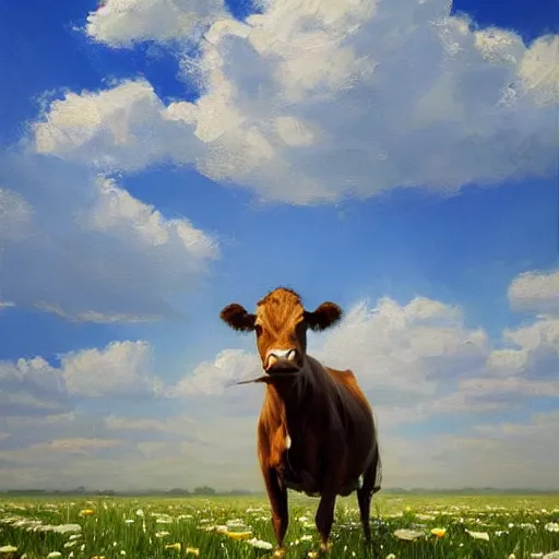 Image similar to Hyper realistic oil painting of a cow standing in the middle of a field of daisies, blue sky, high contrast, by greg rutkowski, trending on artstation