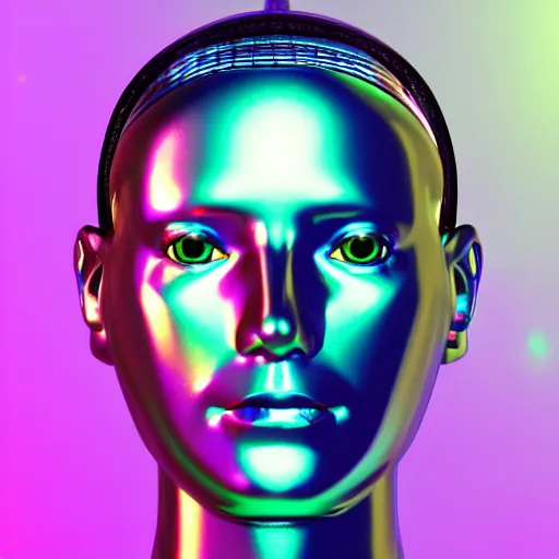 Image similar to 3d render of holographic human robotic head made of glossy iridescent, surrealistic 3d illustration of a human face non-binary, non binary model, 3d model human, cryengine, made of holographic texture, holographic material, holographic rainbow, concept of cyborg and artificial intelligence