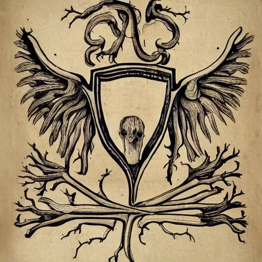 Image similar to an old coat of arms with the scream masks made of nerves, bones and veins