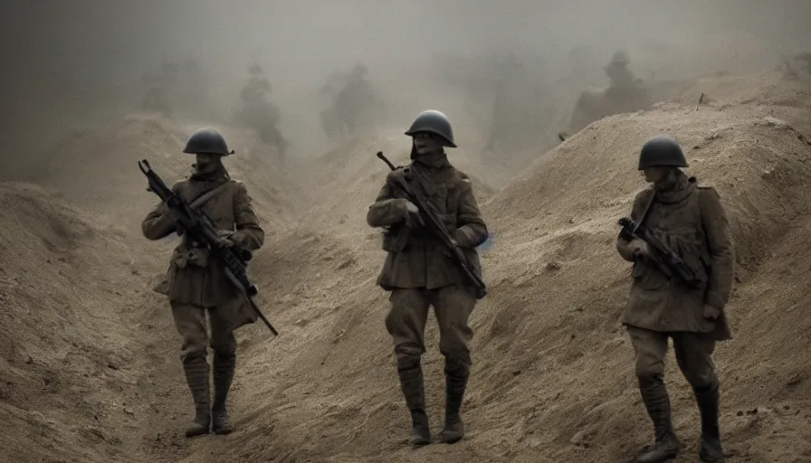 Image similar to ghosts of dead World War 1 soldiers patrolling abandoned trenches, cinematic lighting, IMAX cinematography, 35mm