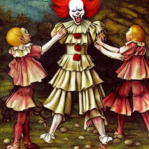 Prompt: fantasy painting of pennywise dancing by judson huss and henriette grindat and albrecht durer | horror themed | creepy