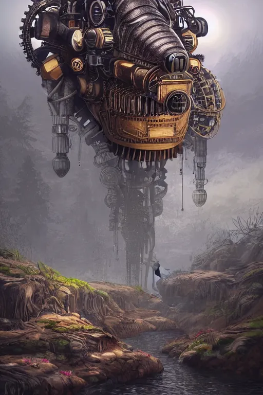Prompt: Highly Detailed digital illustration about the beauty of nature in a dieselpunk world where all animals have been replaced by mechanical beasts. Trending on Artstation