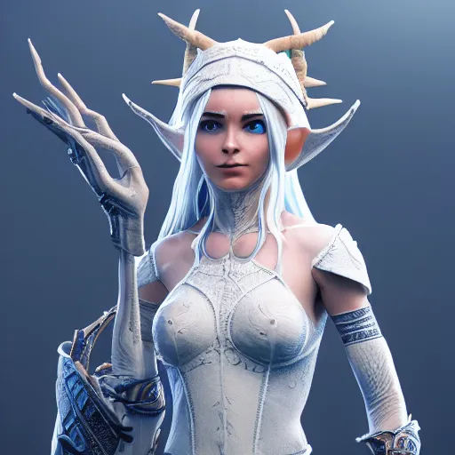 Image similar to a highly detailed elf in full length, with white long hair, white clothes, bright blue eyes, artstation, DeviantArt, professional, octane render