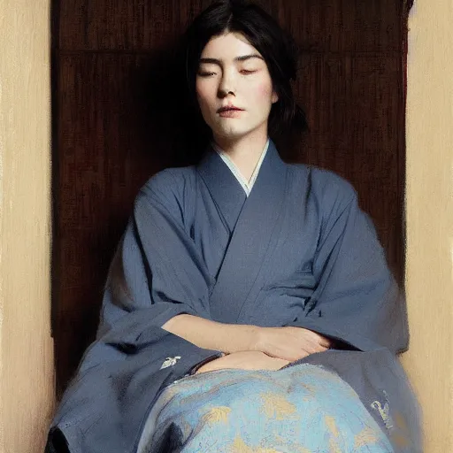 Image similar to girl with flowing dark hsir, in kimono, frontview, sitting on edge of bed, big chest by jeremy lipking, tim rees, joseph todorovitch