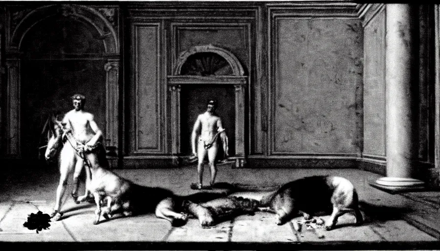 Prompt: mini dv camera footage of caligula slaughtered by a man in a neoclassical room, photograph, very low quality, high detailled, trail cam