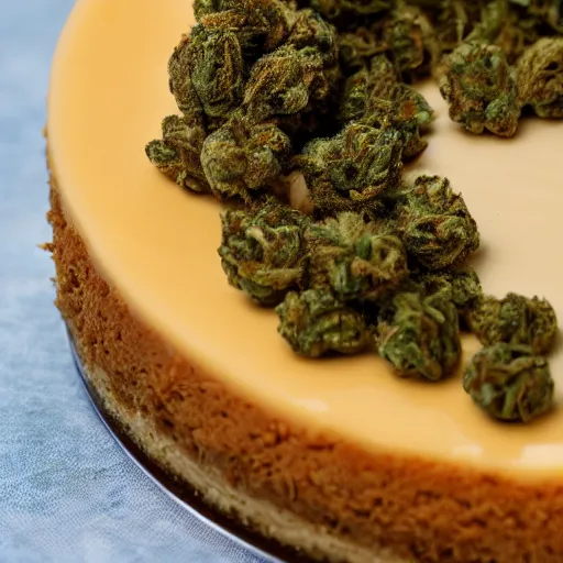 Image similar to close view of a delicious sweet and perfect marijuana bud cheesecake piece, award winning, 4 k, beautiful