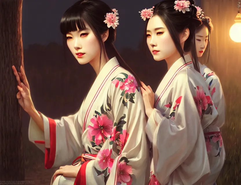 Image similar to two beautiful fashion taiwan girl wear elegant yukata in festival | | big eyes, summer night, realistic shaded, smile, good looking, fine details, 4 k realistic, cryengine, realistic shaded lighting poster by greg rutkowski, magali villeneuve, artgerm, jeremy lipkin and michael garmash and rob rey