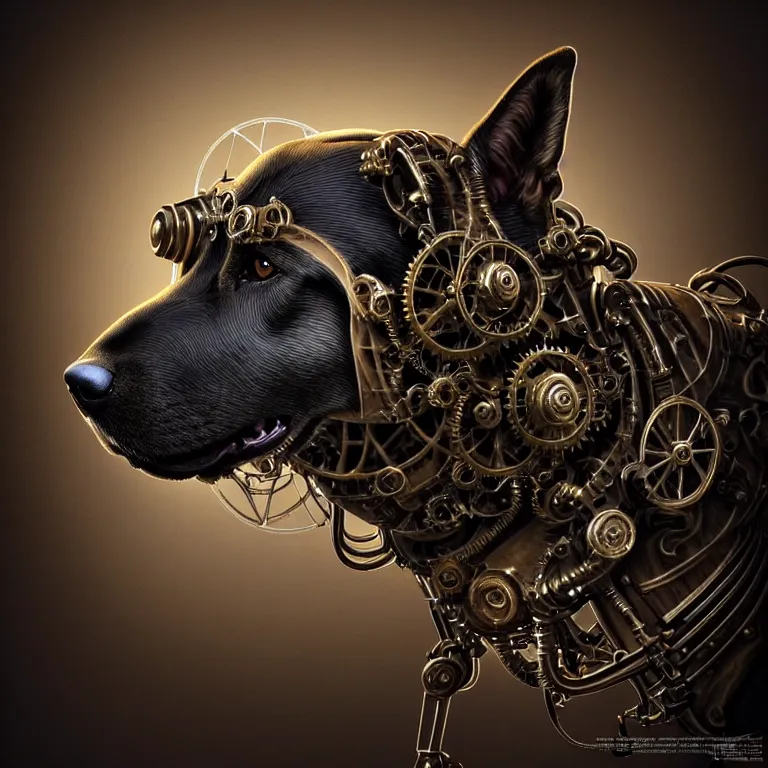 Image similar to steampunk cybernetic biomechanical german shepard dog, 3 d model, very coherent symmetrical artwork, unreal engine realistic render, 8 k, micro detail, intricate, elegant, highly detailed, centered, digital painting, artstation, smooth, sharp focus, illustration, artgerm, tomasz alen kopera, wlop