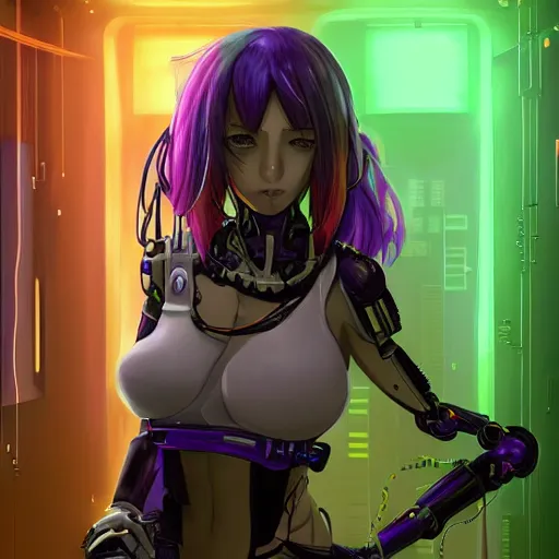 Image similar to A beautiful painting of a cyberpunk anime girl with purple hair and an a huge robot arm sensual stare, augmentations and cybernetic enhancements neon circuits, by Stanley Artgerm Lau, WLOP, Rossdraws, James Jean, Andrei Riabovitchev, Marc Simonetti, and Sakimichan, trending on artstation, hyperrealist, cinema4D, 8k highly detailed ❤️‍🔥 🔥 💀 🤖 🚀