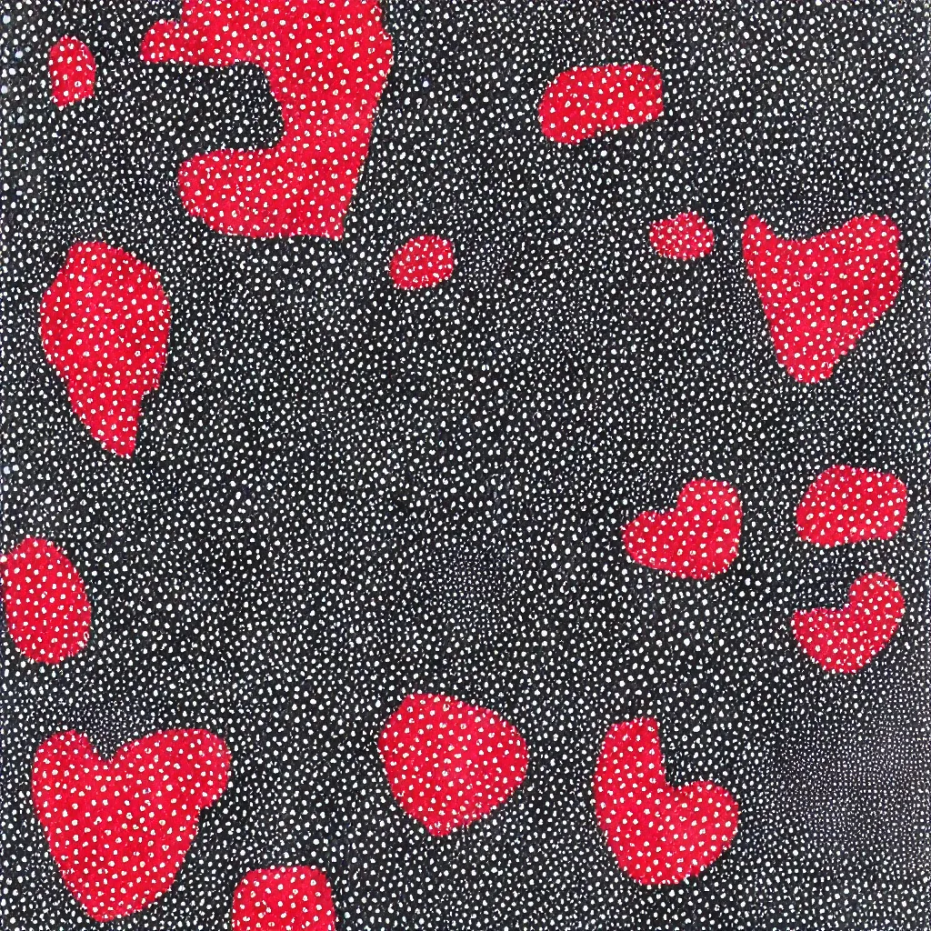 Prompt: camo made of teeth, smiling, abstract, rei kawakubo artwork, cryptic, dots, stipple, lines, splotch, color tearing, pitch bending, color splotches, hearts, dark, ominous, eerie, minimal, points, strawberries, technical, old painting