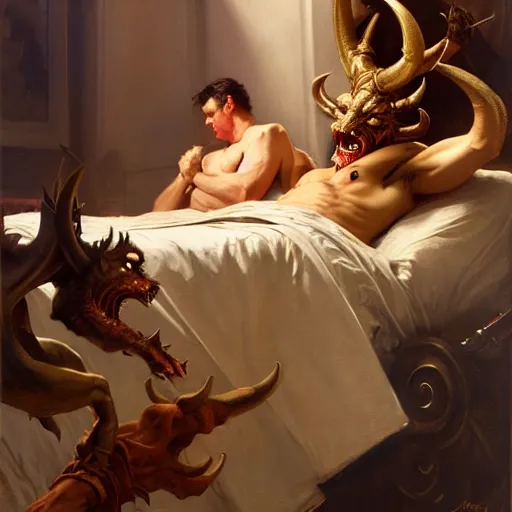 Image similar to the pope is in his bed, nervous and terrified, because a double horned shadow beast from hell is attacking him. highly detailed painting by gaston bussiere, j. c. leyendecker, greg rutkowski, craig mullins 8 k