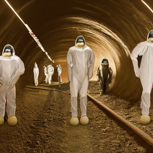 Image similar to cinematic photo of humans wearing realistic ant costumes in an underground dirt tunnel. several tunnel exits lead off in different directions. at the side of the tunnel are very large white pulsating ant larvae.