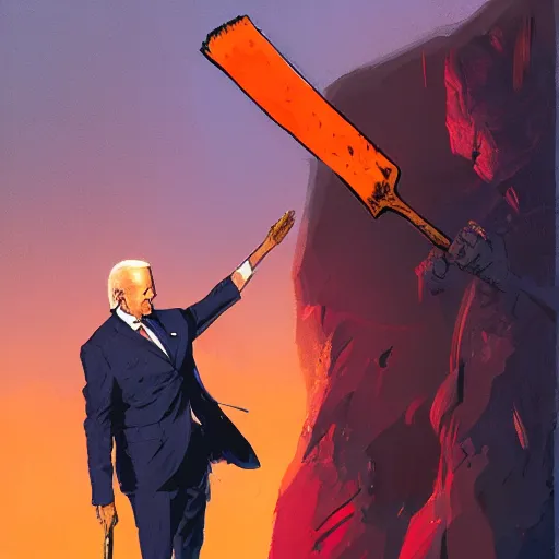 Prompt: joe biden waves to a redditor named joxeta while holding an axe by greg rutkowski and dave mckean in an orange and purple color palette