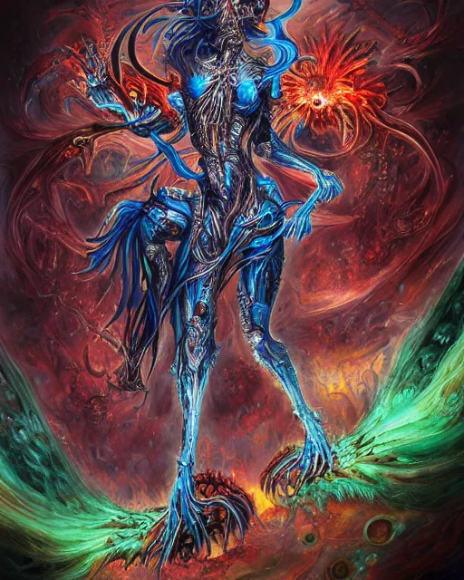 Image similar to silver mechanical charred bloody fleshmetal cyborg daemonhost woman psychedelic flamer of tzeentch, blue and green rainbow fire, by antonio j. manzanedo, alex grey, android jones, wayne barlowe, philippe druillet, raymond swanland, cyril rolando, josephine wall, harumi hironaka, cronenburg, trending on artstation