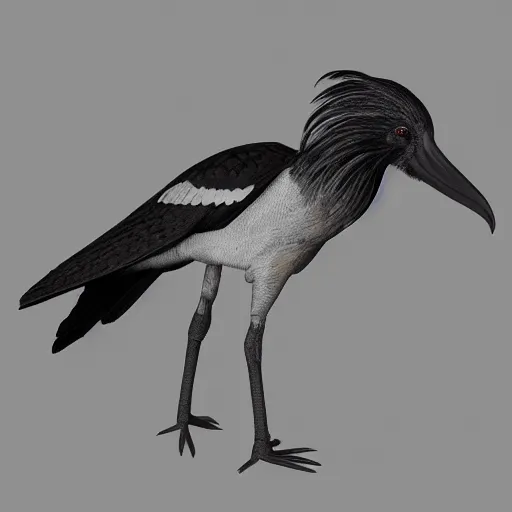 Prompt: black wood shoebill, photorealism, Unreal Engine, artstation with dark leafs around