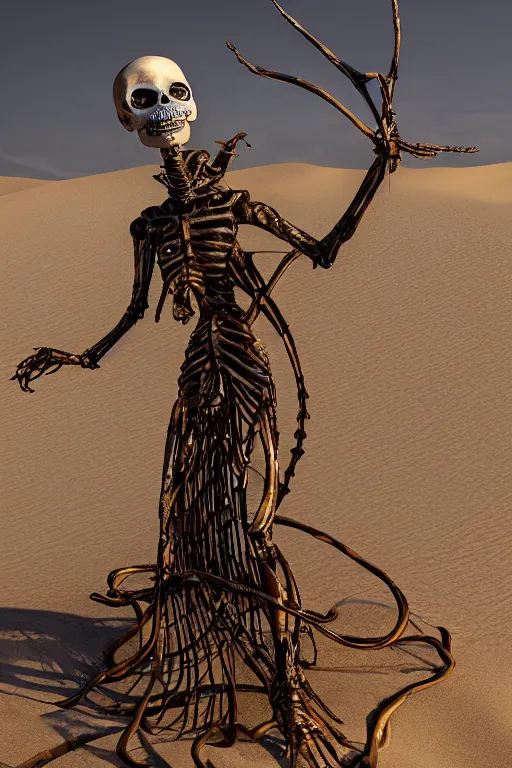 Image similar to a cinematic view of a dune abandoned princess skelleton statue made by hedi xandt, true realistic image, macabre art, stained wrapped skin, and golden ornaments, detailed image