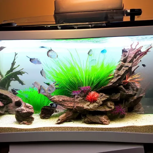 Prompt: water powered implosion motor presented proudly in a transparent indoor big aquarium