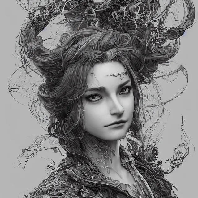 Image similar to the portrait of lawful evil sorceress lawyer as absurdly beautiful, conniving, elegant, jaded, young woman, an ultrafine hyperdetailed illustration by kim jung gi, irakli nadar, intricate linework, bright colors, octopath traveler, final fantasy, unreal engine 5 highly rendered, global illumination, radiant light, detailed and intricate environment