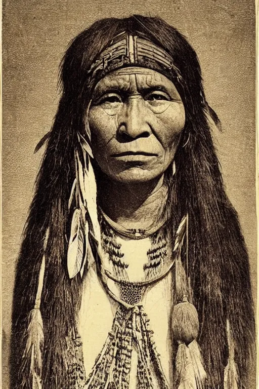 Image similar to “19th century wood engraving of a Native American indian woman, portrait, Nanye-hi Beloved Woman of the Cherokee, wearing a papoose showing pain and sadness on her face, ancient”