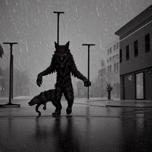 Prompt: a werewolf protesting an abortion clinic in the rain, 60s photograph, fish eye lens, hyperrealism, unreal engine, artstation, 4k