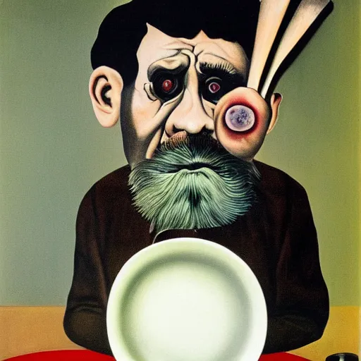 Prompt: a surrealist painting of a grumpy man eating a plate of eyeballs with a fork