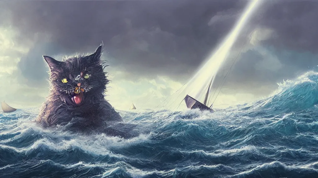 Image similar to a gigantic cat bursting out of a stormy sea attacking a small sail boat, wet fur, giant waves, sunbeams in background, intricate, detailed, volumetric lighting, sharp focus, scenery, photorealism, digital painting, highly detailed, concept art, by simon stalenhag and mark brooks