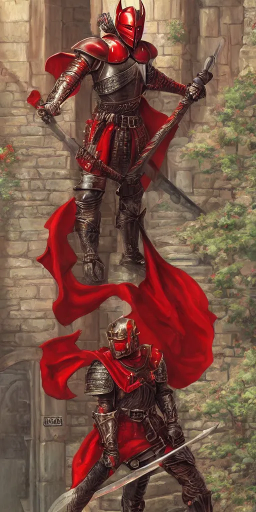 Prompt: The Red Knight stands guard over the castle's gate, fantasy, artstation, highly detailed, 4k, digital painting, portrait by Larry Elmore