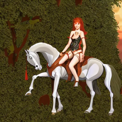 Prompt: Young woman sitting on horse skeleton covered with ivy, rpg, dnd, 4k