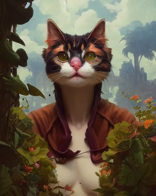 Image similar to highly detailed surreal vfx portrait of a calico cat, stephen bliss, unreal engine, greg rutkowski, loish, rhads, beeple, makoto shinkai and lois van baarle, ilya kuvshinov, rossdraws, tom bagshaw, alphonse mucha, global illumination, detailed and intricate environment