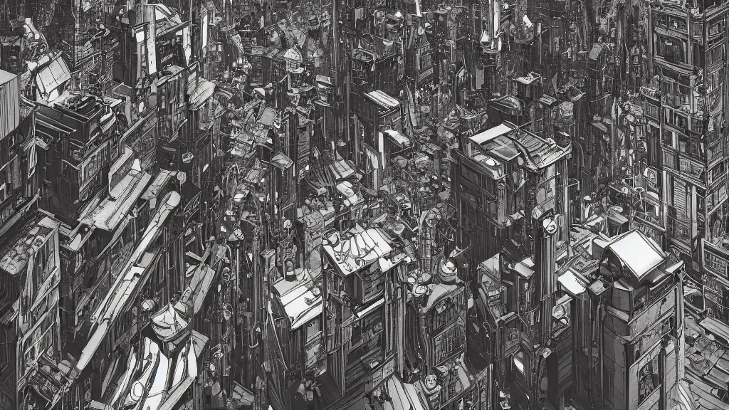 Image similar to very detailed, epic art nouveau graphic novel, ilya kuvshinov, mcbess, rutkowski, simon roy, illustration of space dystopian metropolis, illustration of decrepit cyberpunk arcologies, space junk falling from sky, wide shot, colorful, deep shadows, astrophotography, hyperdetailed, cybernetics, cryengine, realistic shaded lighting, sharp focus